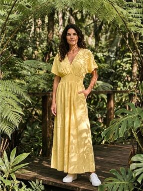 Sunshine Yellow V-Neck Maxi Dress with Smocked Waist